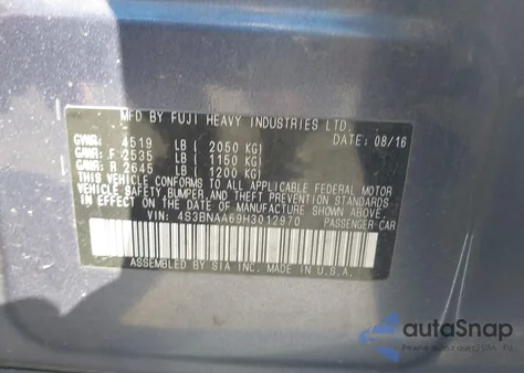 2017 Subaru Legacy 2.5I из США, поврежденный, VIN 4S3BNAA69H3012970